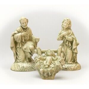 VTG Nativity Set Holy Family Green Patina Chalkware Ceramic Signed LEA 1988 READ